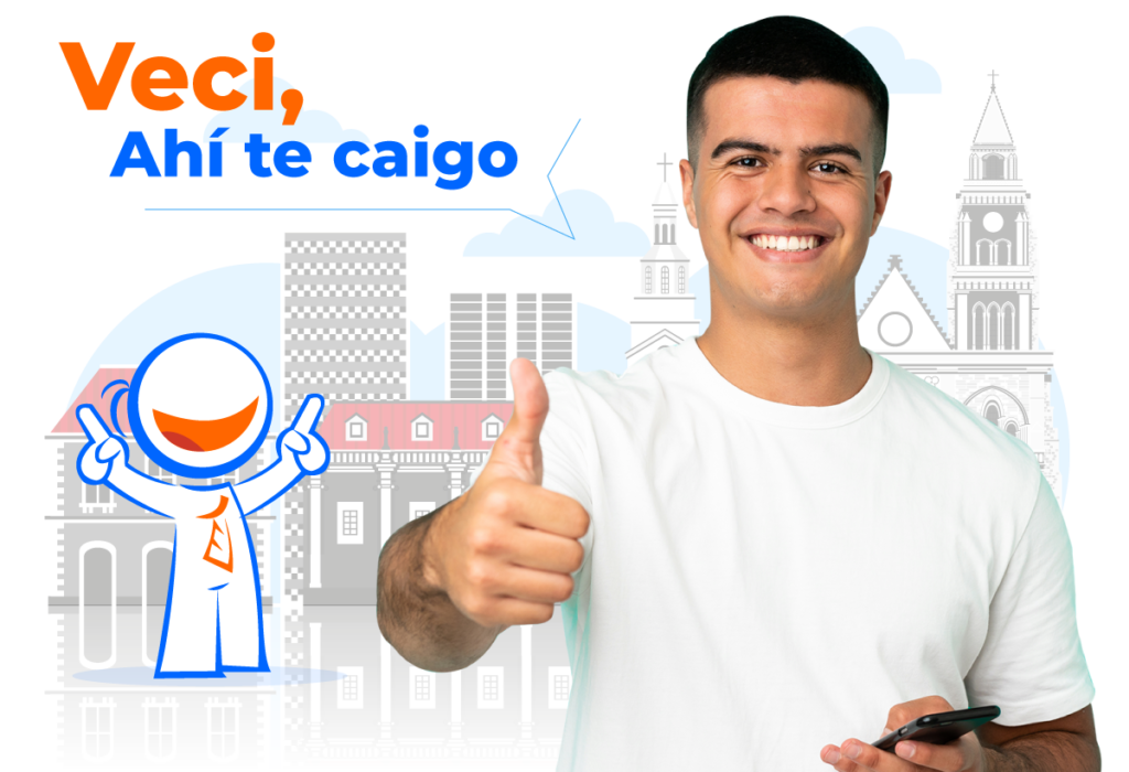 Ecuatoriano sonriendo con celular y mascota de RingVoz