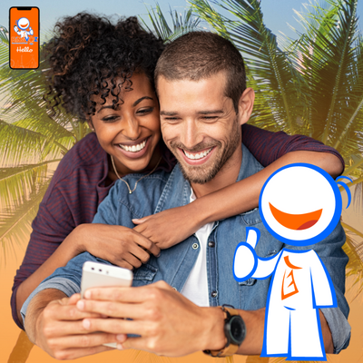RingVoz Mobile App Couple and Mascot with Palm Tree