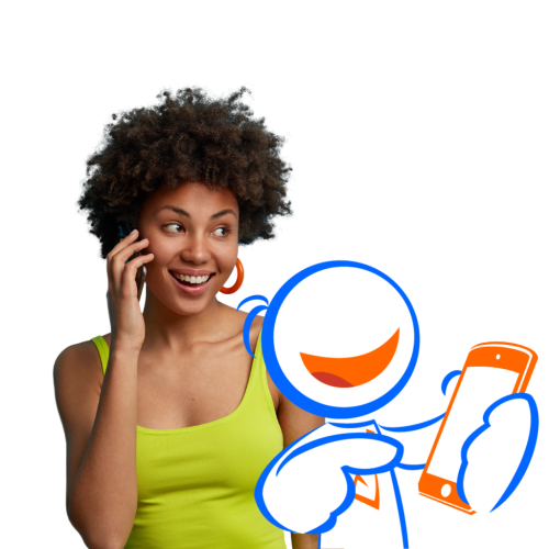 Mujer realizando una llamada internacional con el personaje RingVoz